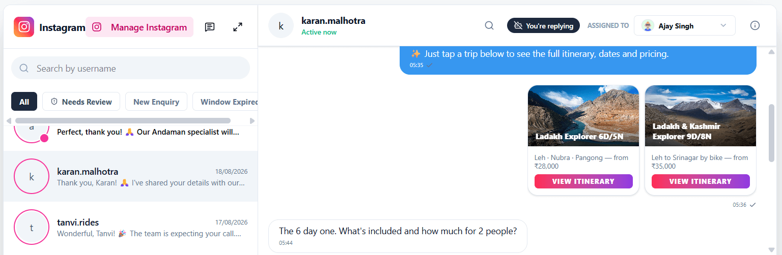 The Instagram inbox with an open DM thread showing a two-card package carousel