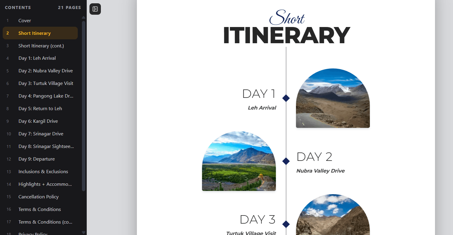 A rendered itinerary document showing a day-by-day timeline with photographs